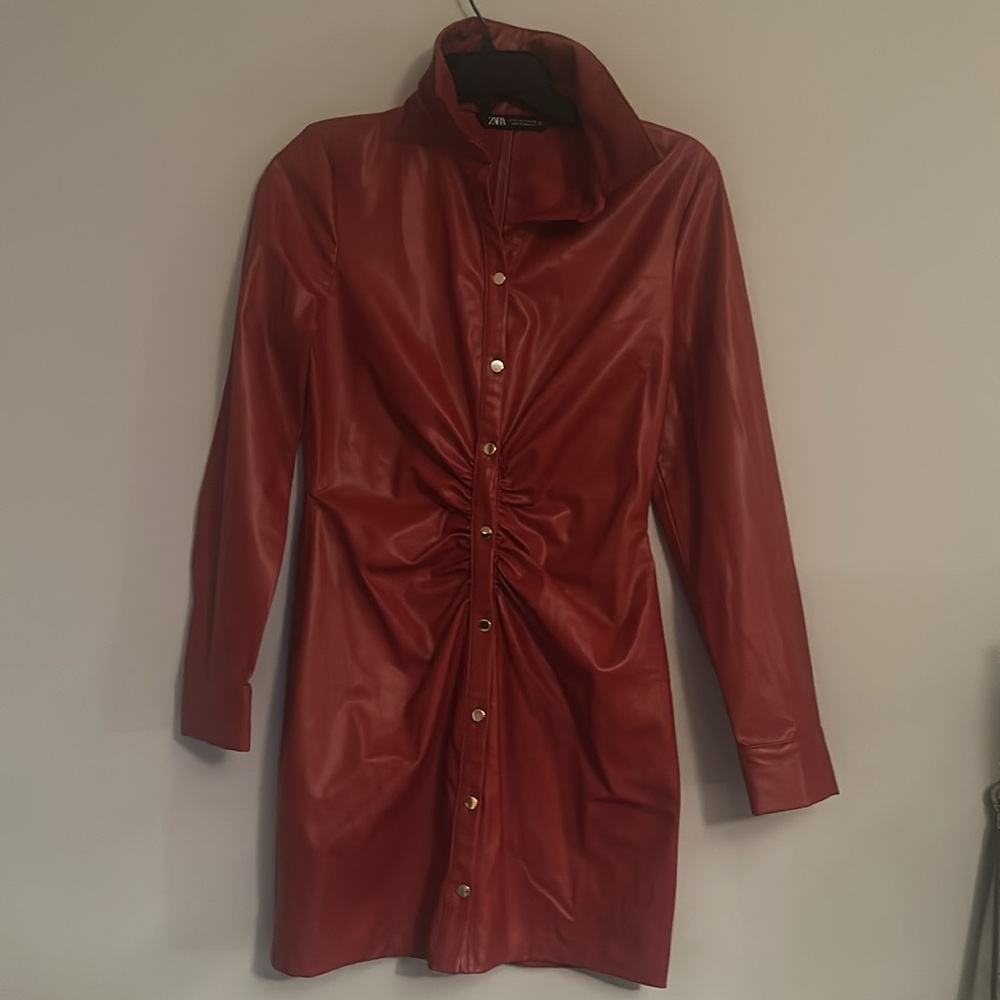 Zara Red Leather Shirt Dress or Jacket - Preloved - Picture 4 of 7